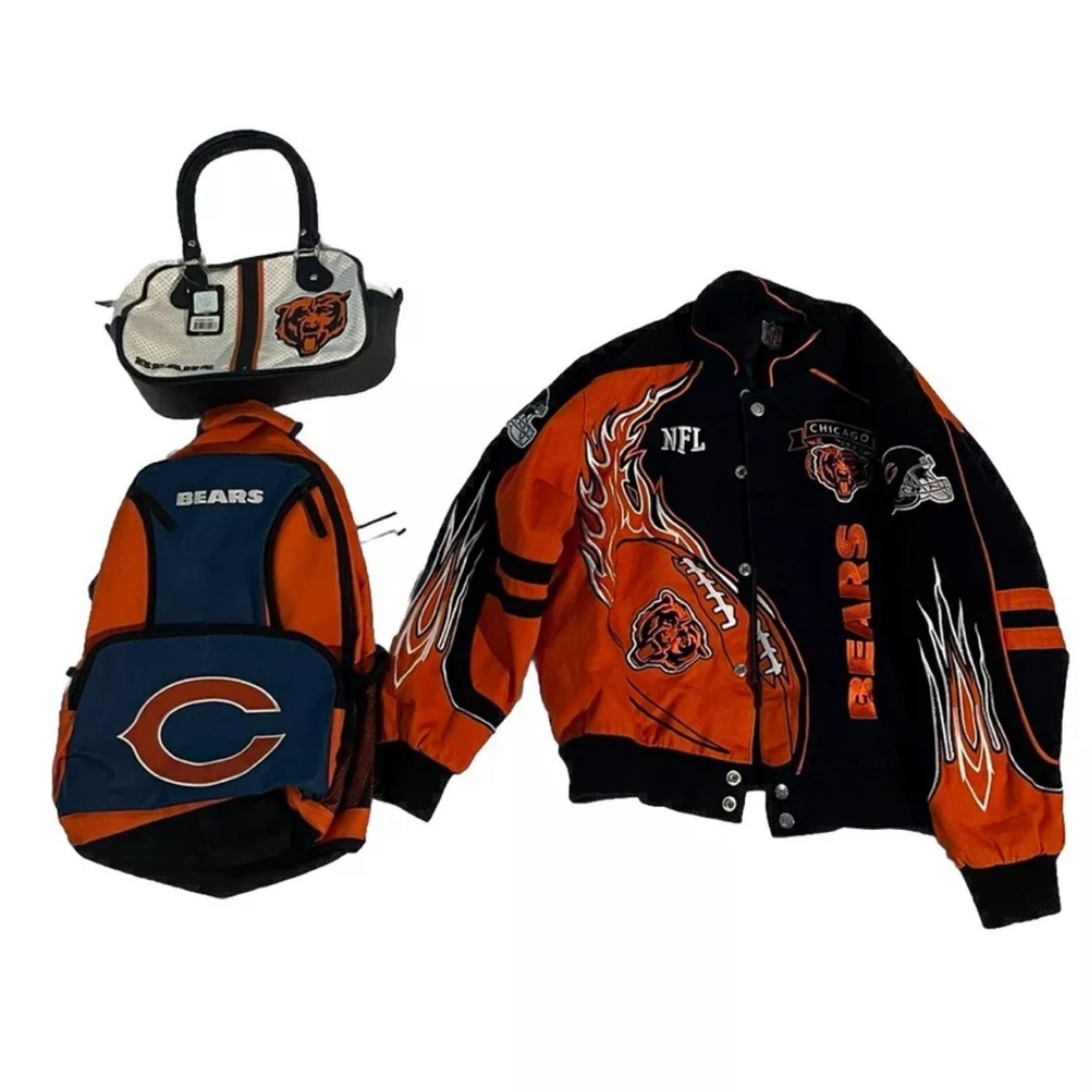 CHICAGO BEARS SUPER FAN LOT 2 SIDED JACKET SIZE XL LEATHER HANDBAG PURSE & BAG